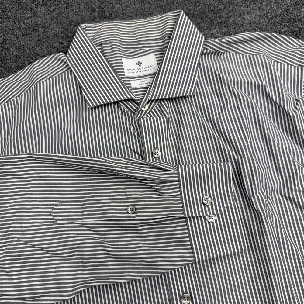 Ryan Seacrest Distinction Men 17.5 Gray Stripe Slim Fit Button Shirt‎ Non iron